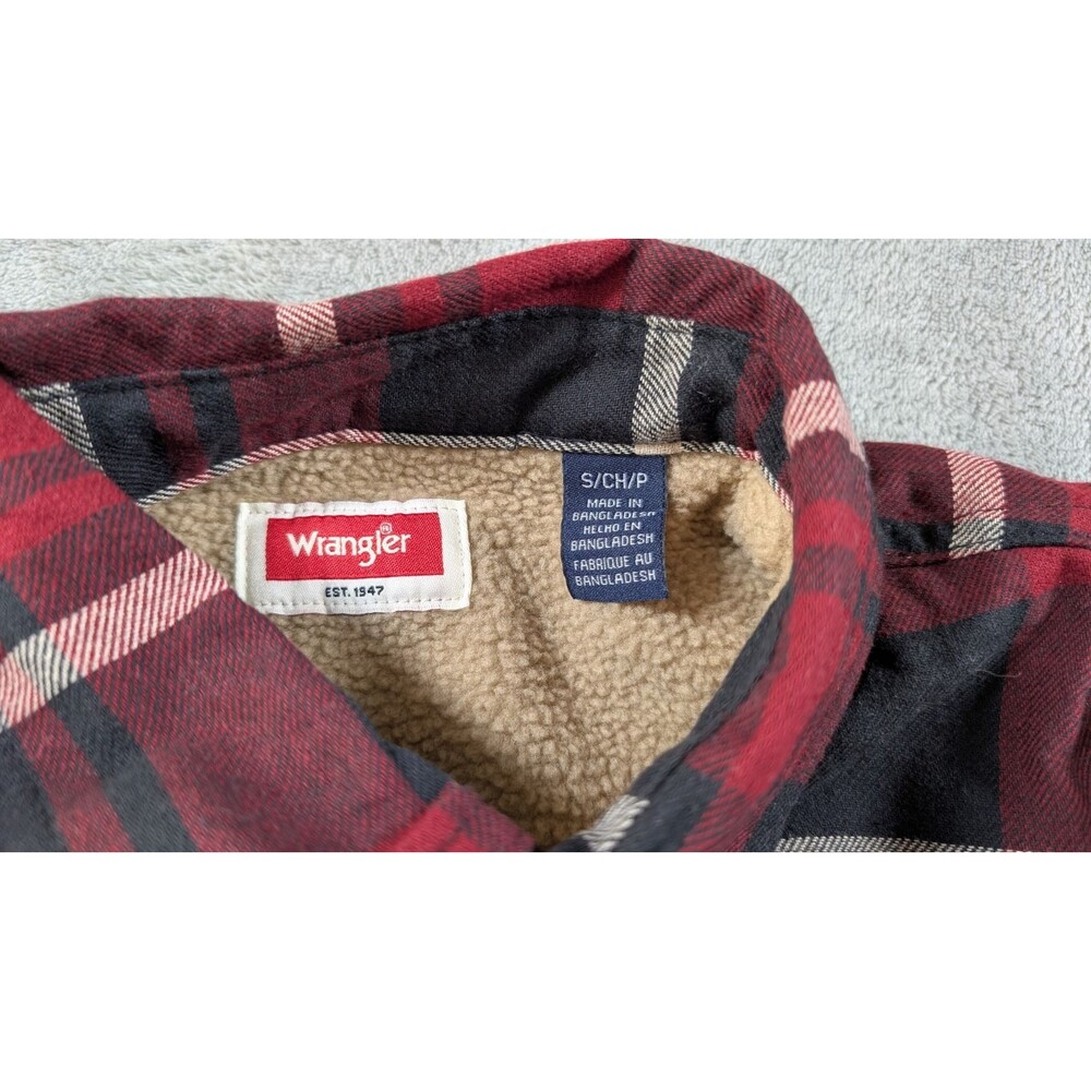 Wrangler Flannel Shirt Jacket Mens S Red Plaid Sherpa Lined Shacket Warm - Picture 6 of 9